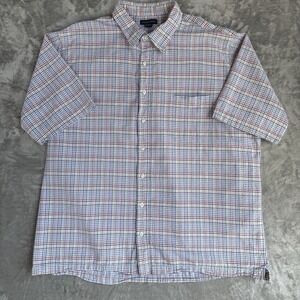 LANDS' END Mens Seersucker Button Up Shirt Blue Red Yellow Plaid Short Sleeve 2X